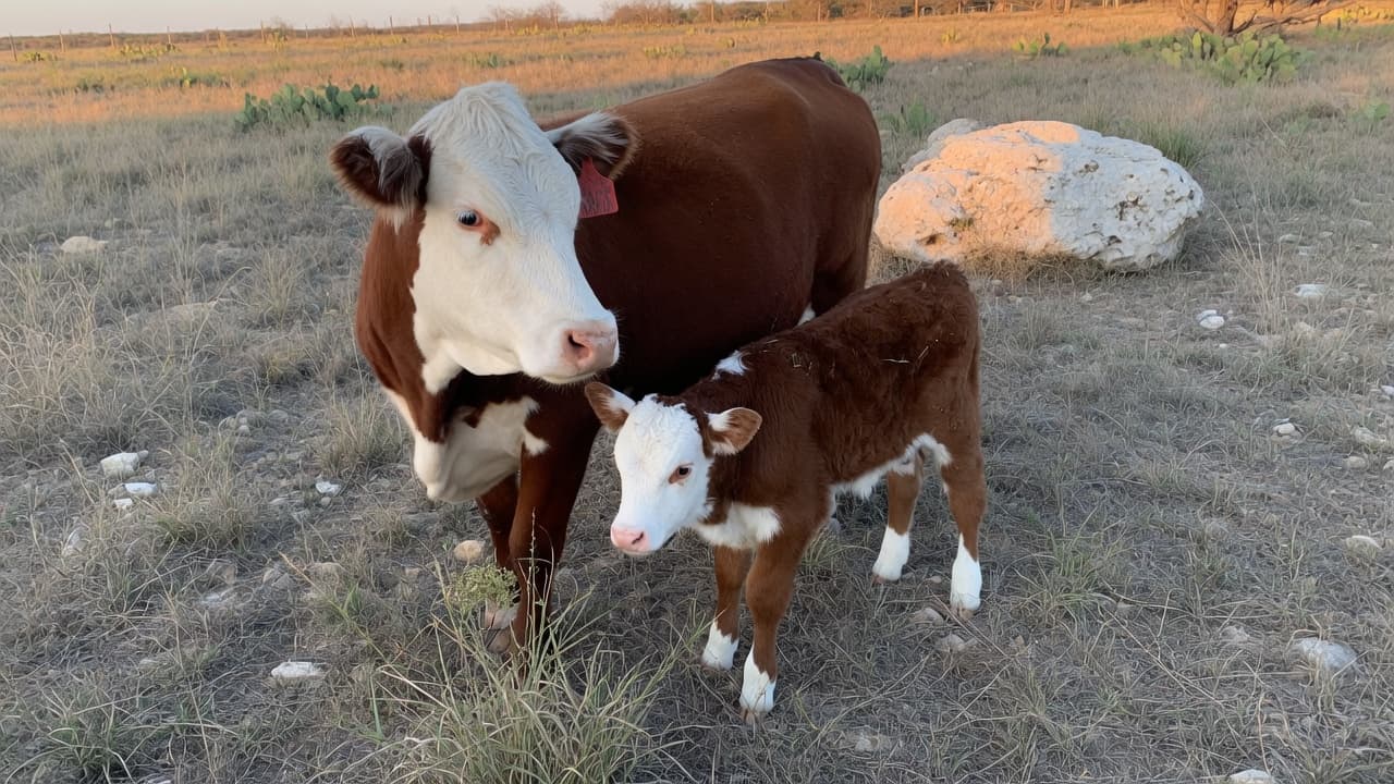 Painted Hills Ranch — Hereford cow and calf at golden hour