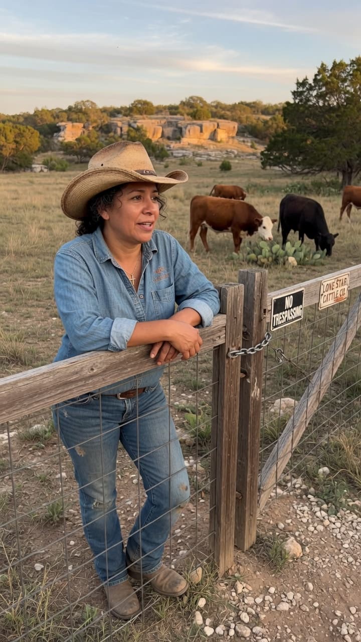 Maria Gonzalez at the ranch gate — Painted Hills Ranch, Marble Falls TX